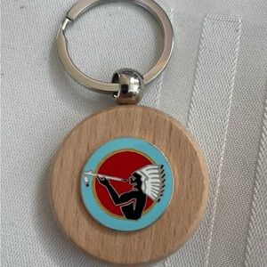 Round Wooden Keychain with Red & Light Blue Tribal Motif